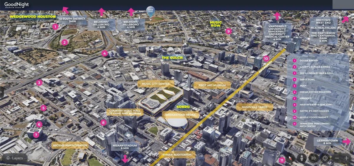 An expansive city view featuring neighborhoods such as Wedgewood Houston, Music Row, and The Gulch. The vibrant cityscape is full of energy, reflecting the urban excitement and cultural offerings just outside the door.