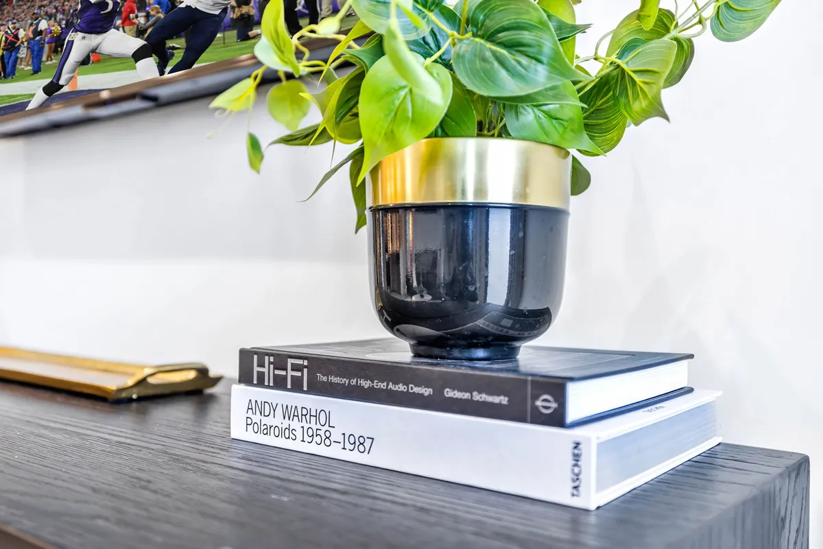 This stylish, contemporary interior features a coffee table with potted plants and art books, evoking a modern, comfortable, and well-appointed living space for guests to relax or work.