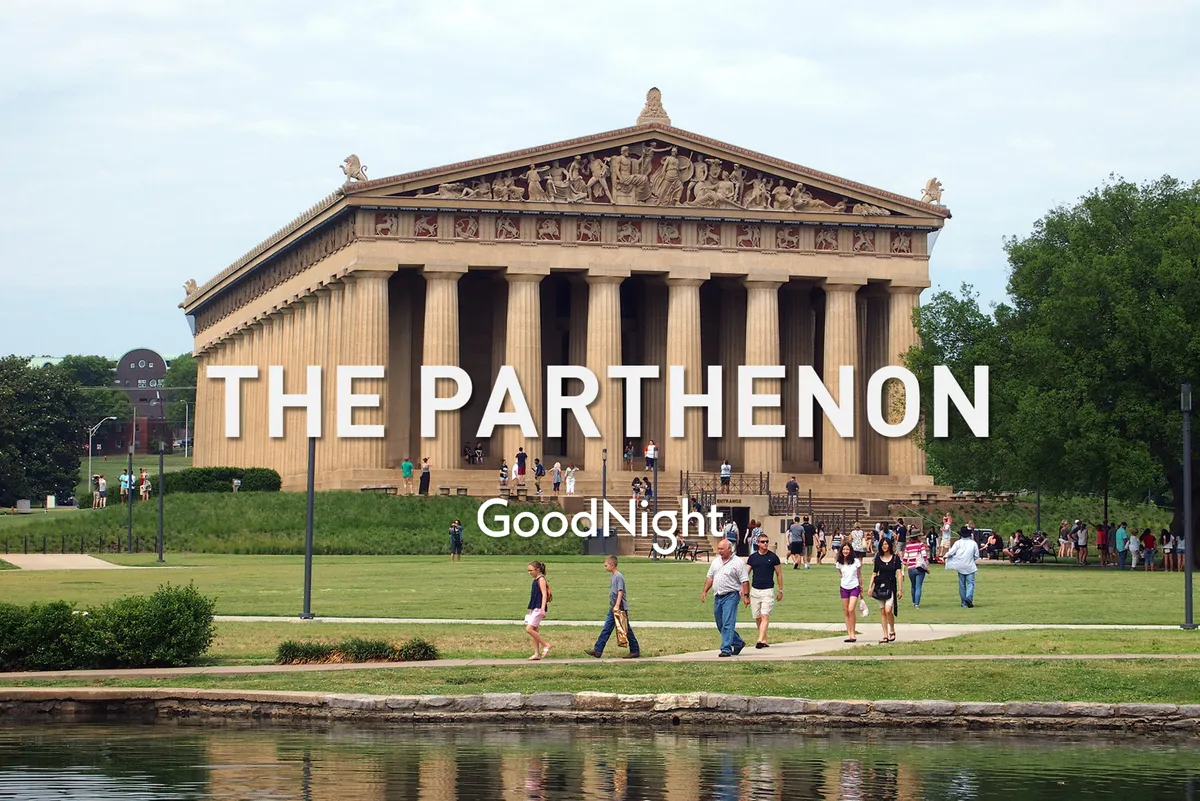 An energetic exterior view of Centennial Park featuring the iconic Parthenon, visitors walking and enjoying the green lawn. The atmosphere is lively and inviting, highlighting one of Nashville's premier outdoor attractions suitable for families and children.